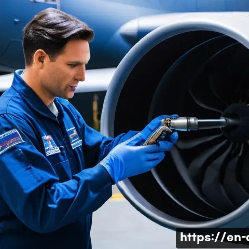 공군의 전투기 엔진 정비 - **Prompt:** A highly skilled aerospace technician, wearing a clean, dark blue flight suit with sleev...