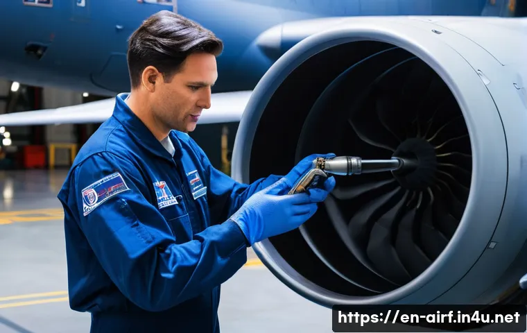 공군의 전투기 엔진 정비 - **Prompt:** A highly skilled aerospace technician, wearing a clean, dark blue flight suit with sleev...
