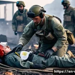 Home 22 공군의 공군 의무병 응급 대처 - A highly detailed scene of an Air Force medic performing rapid trauma assessment on a wounded soldie...
