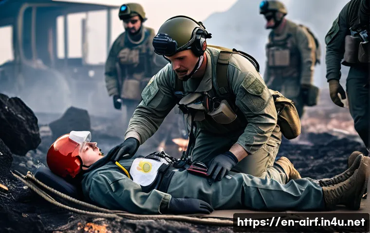공군의 공군 의무병 응급 대처 - A highly detailed scene of an Air Force medic performing rapid trauma assessment on a wounded soldie...
