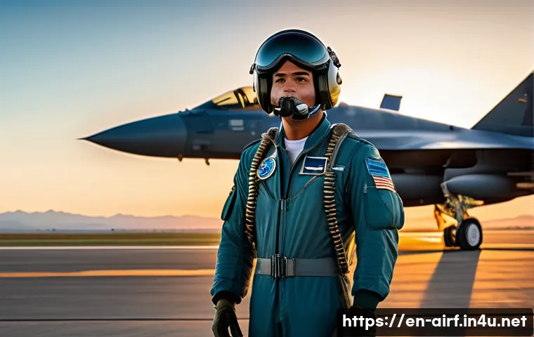 공군 조종사 연봉 및 복지 - A confident Air Force pilot in full flight suit and helmet, standing beside a sleek fighter jet on a...