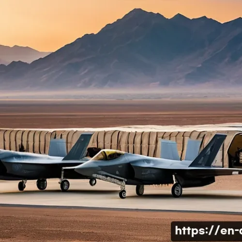 Home 31 공군의 해외 파병 사례 - A high-tech forward air base in a Middle Eastern desert at sunset, featuring advanced stealth F-35 a...
