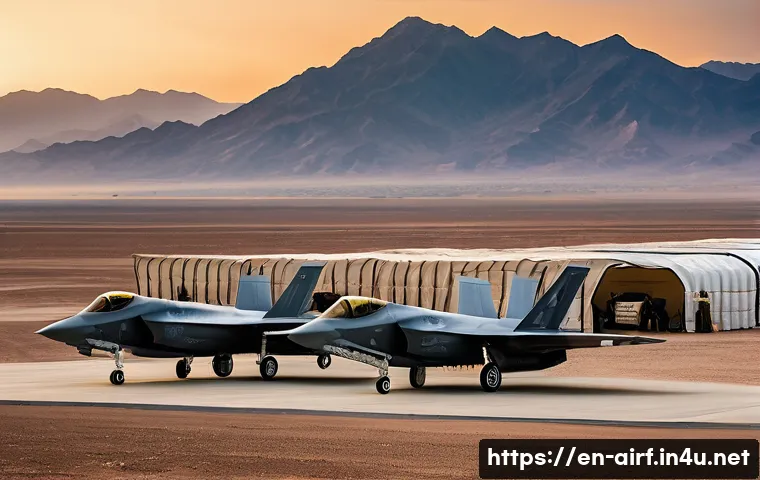 공군의 해외 파병 사례 - A high-tech forward air base in a Middle Eastern desert at sunset, featuring advanced stealth F-35 a...