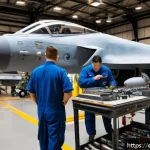 Home 18 공군의 공군병 병과 선택 - A detailed scene inside a modern Air Force aircraft maintenance hangar, featuring a diverse team of ...
