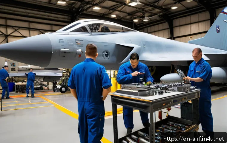 공군의 공군병 병과 선택 - A detailed scene inside a modern Air Force aircraft maintenance hangar, featuring a diverse team of ...