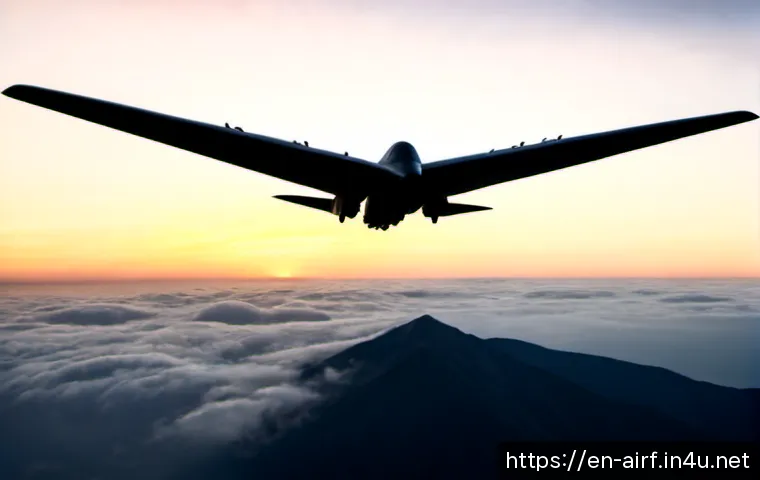 공군 폭격기 종류 - Photorealistic dawn scene of a sleek flying-wing stealth bomber cruising above a vast layer of glowi...