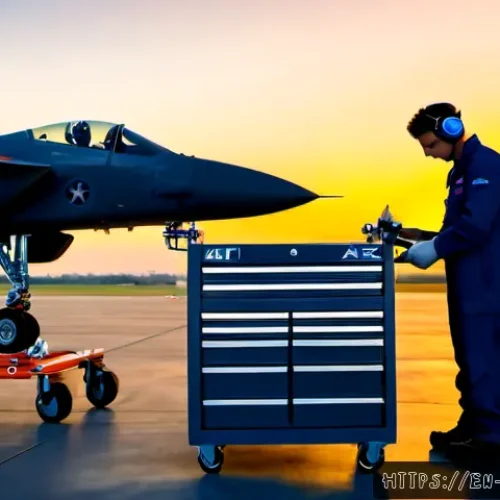 공군의 공군 정비병 장비 목록 - Photorealistic U.S. Air Force aircraft maintenance bay at dawn, a uniformed aircraft mechanic in ful...