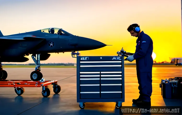 공군의 공군 정비병 장비 목록 - Photorealistic U.S. Air Force aircraft maintenance bay at dawn, a uniformed aircraft mechanic in ful...