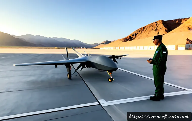 공군 드론 기술 발전 - Photorealistic modern air force drone technology scene, a sleek unmanned aircraft on a sunlit desert...
