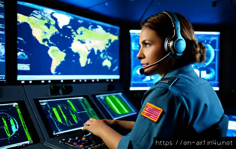 Home 17 공군의 전자전 기술 - Photorealistic modern air force electronic warfare operations center, focused uniformed analyst wear...
