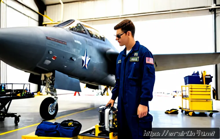 Home 17 공군의 공군 정비병 훈련 과정 - Photorealistic U.S.-style air force aircraft maintenance training inside a bright modern hangar, you...