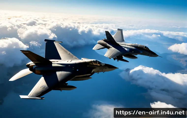 공군의 공중전 개념 - Photorealistic modern air-combat concept, two unmarked stealth fighter jets flying in coordinated fo...